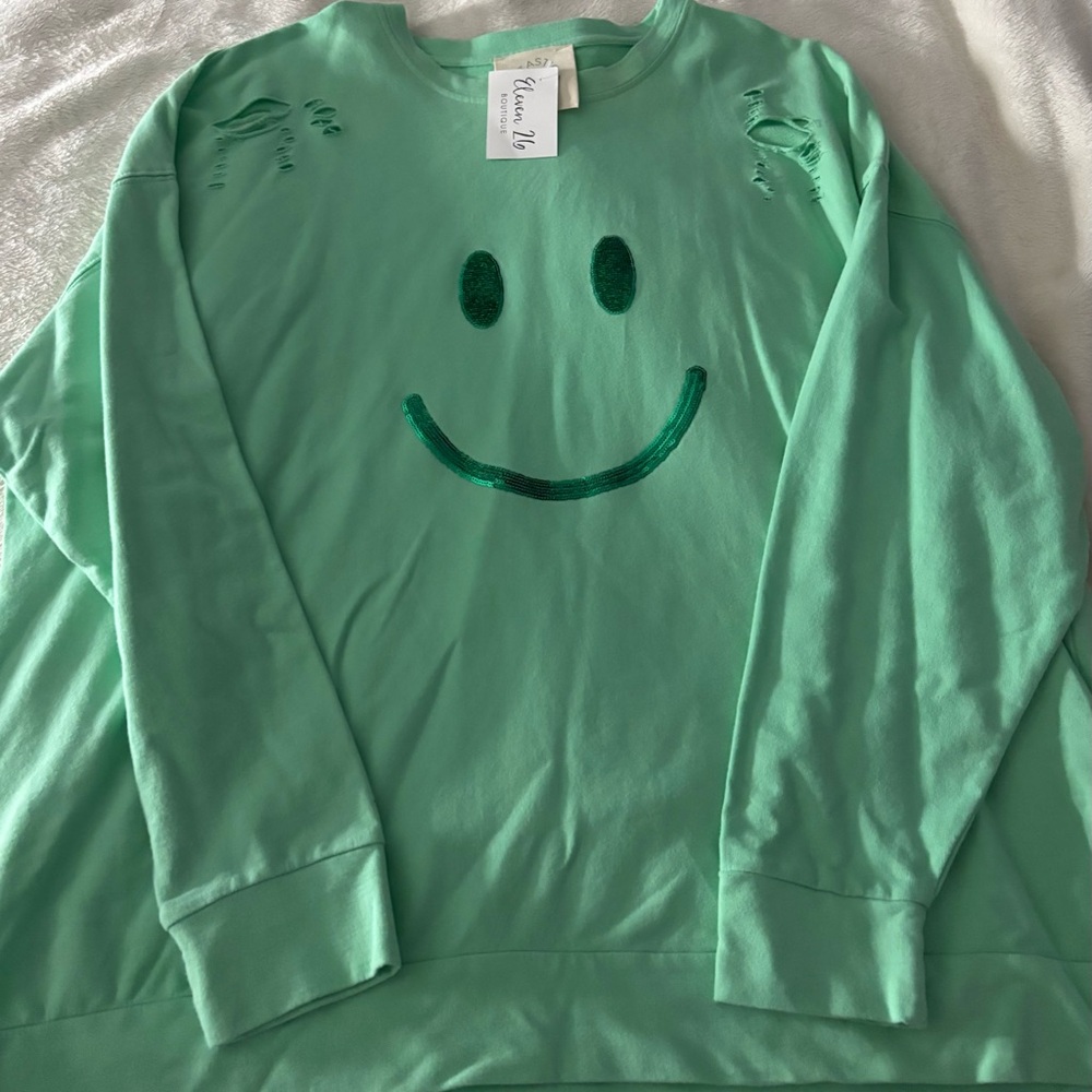 Fantastic Fawn Mint Green Smiley Face Sweater